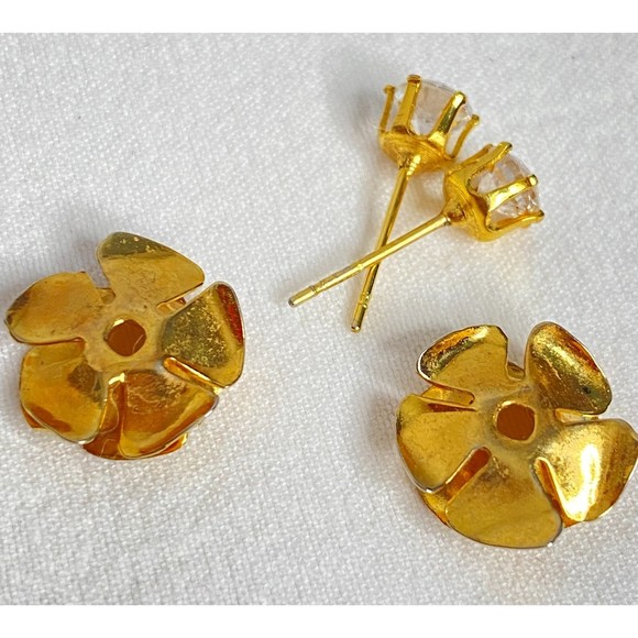 Flower Stud Earrings Gold Tone Petals Clear Rhinestone Detachable Centers - Picture 5 of 6